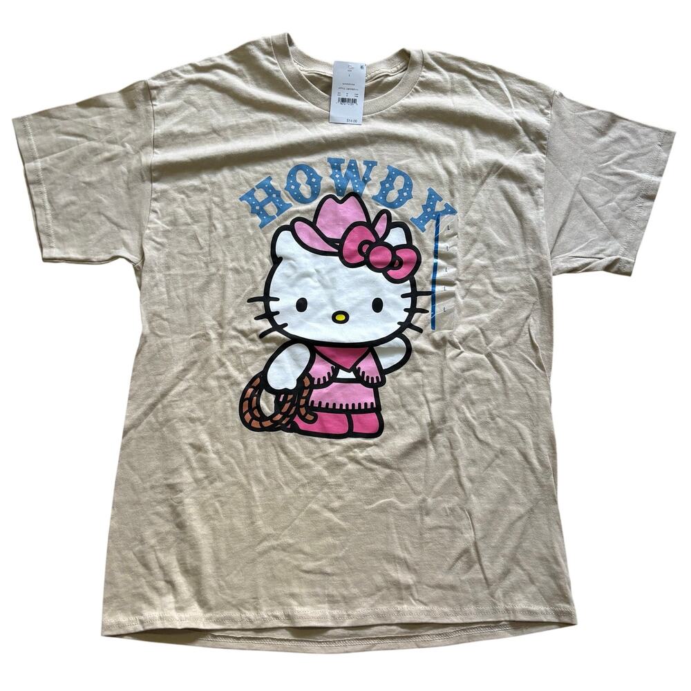 NWT Sanrio‎ Hello Kitty Women’s HOWDY Western Cowgirl Beige T-Shirt Size Large
